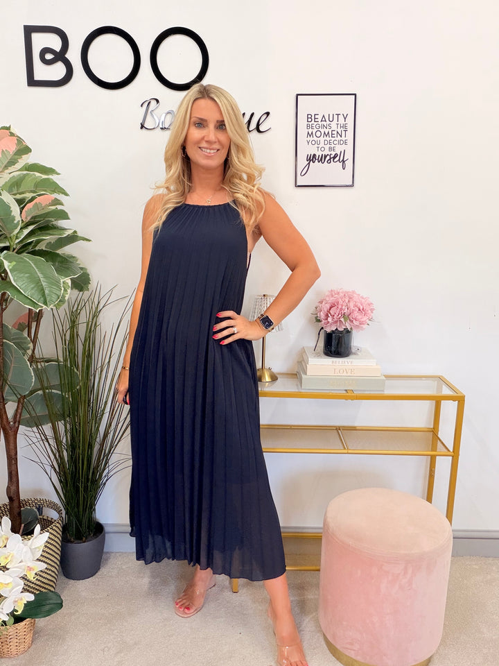 Ladies Chiffon Pleated Summer Maxi Dress - Red, Pink, Navy & White