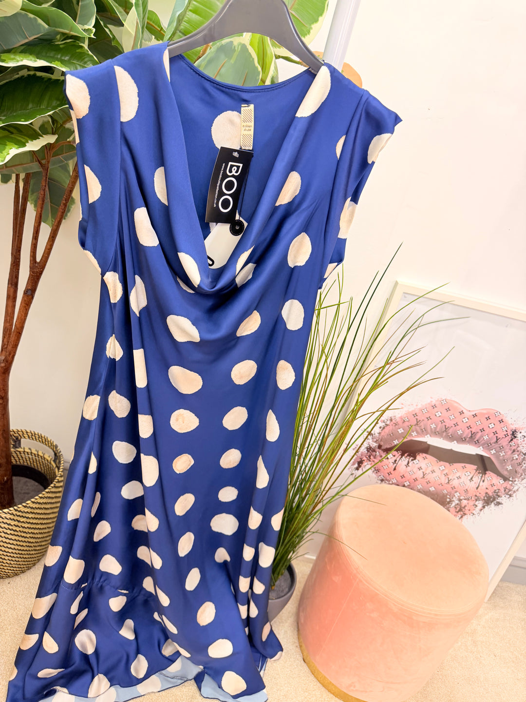 Ladies Satin Polka Dot Sheath Dress - Lemon, Black, Pink, Khaki, Navy, Black & Blue
