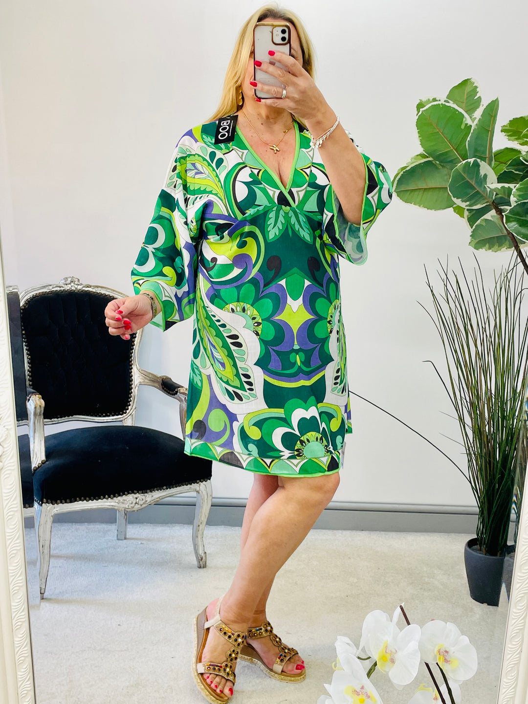 LADIES WOMENS BEACH DAY SUMMER DRESS - RETRO GREEN & FLORAL PRINT