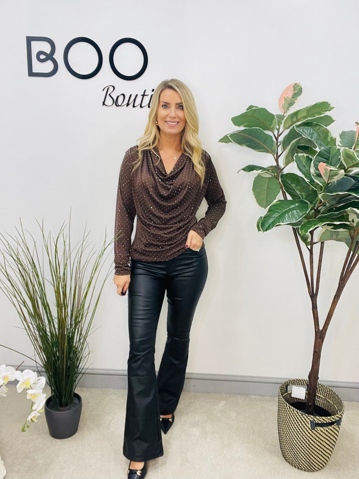 LADIES SPARKLY FESTIVE COWL NECK TOP - GREEN, NAVY, BLACK, BROWN