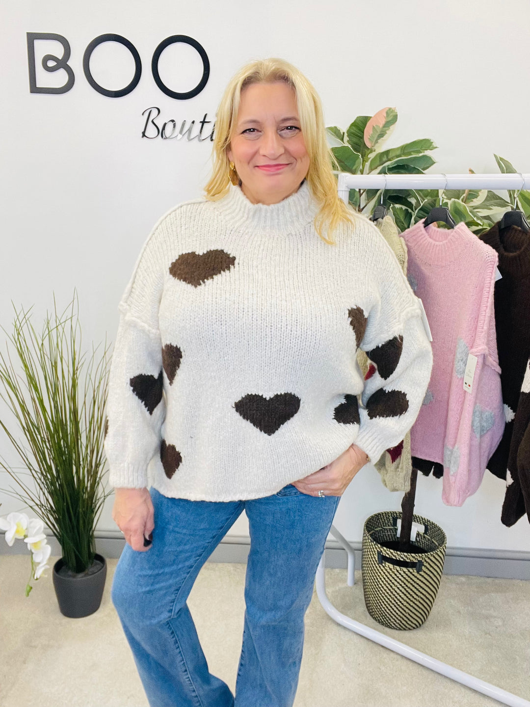 LADIES CHUNKY KNIT HEART JUMPER - MOCHA, BEIGE, BROWN & PINK