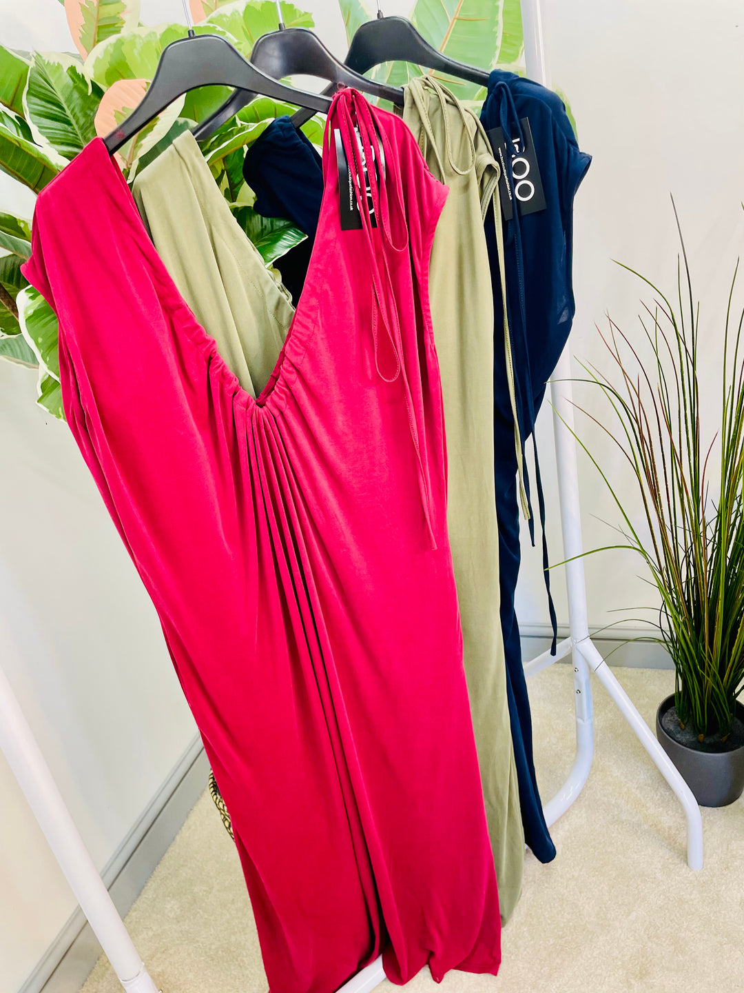 LADIES SILKY LOOSE FIT V NECK MAXI DRESS - BURGUNDY, NAVY & KHAKI
