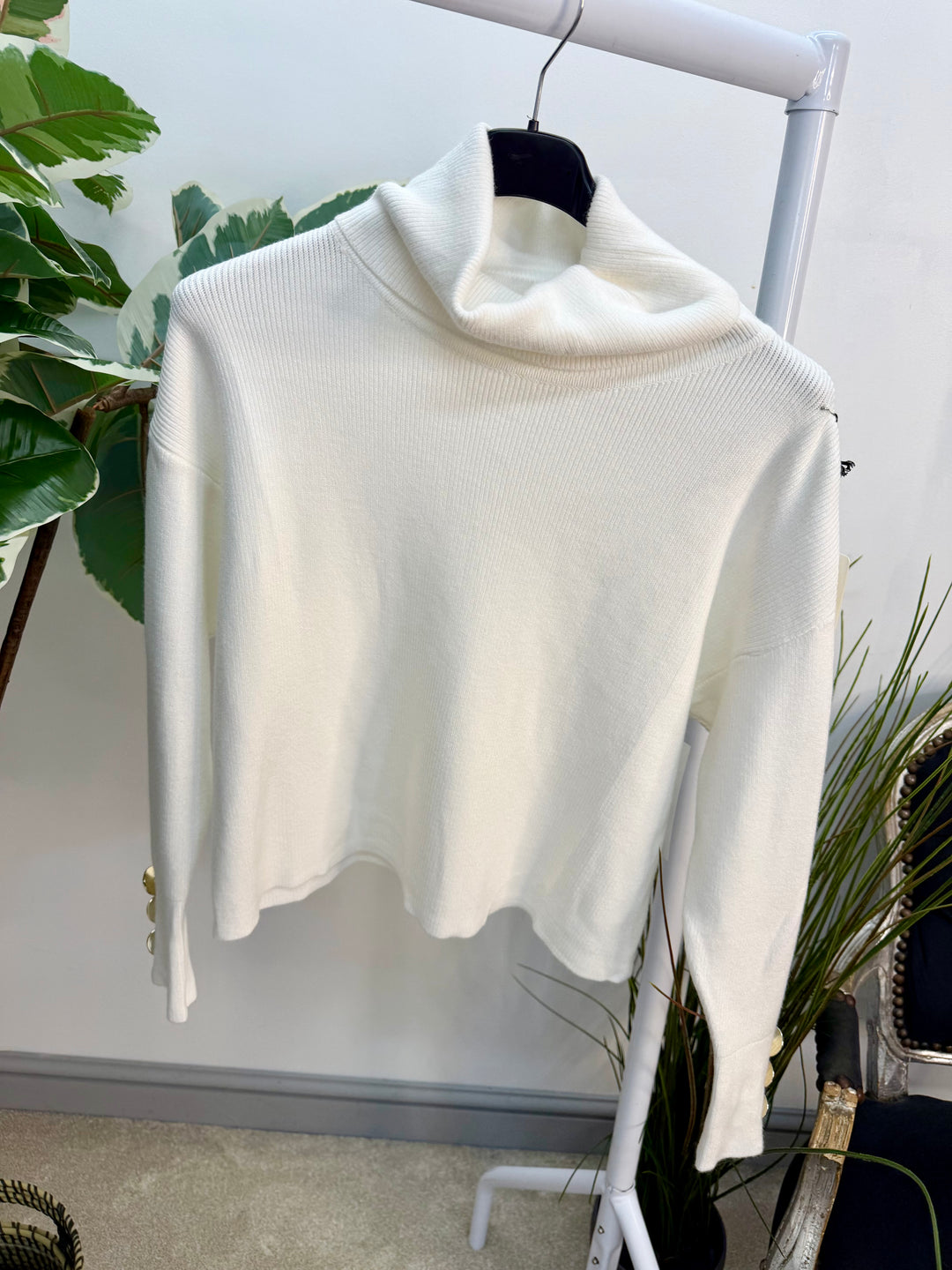 Ladies Fashion Cropped Roll Neck Jumper - black, white, blue & pink