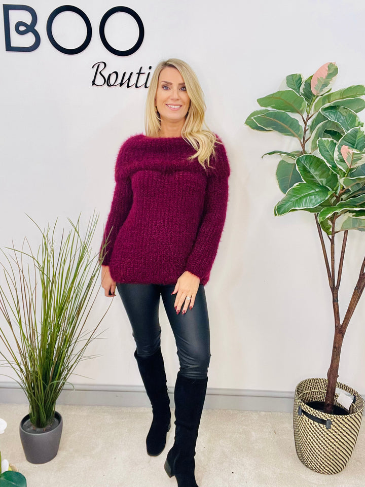 LADIES FLUFFY BARDOT JUMPER - NAVY, BLACK, WINE, MOCHA, BROWN, CREAM