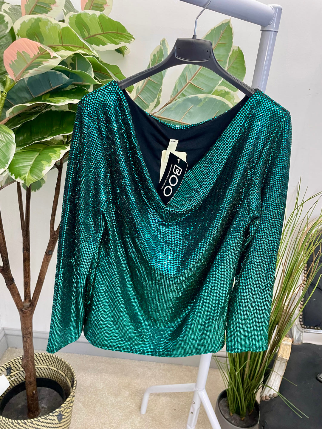 LADIES SEQUIN COWL NECK TOP - BLACK, CHAMPAGNE, GREEN & RED