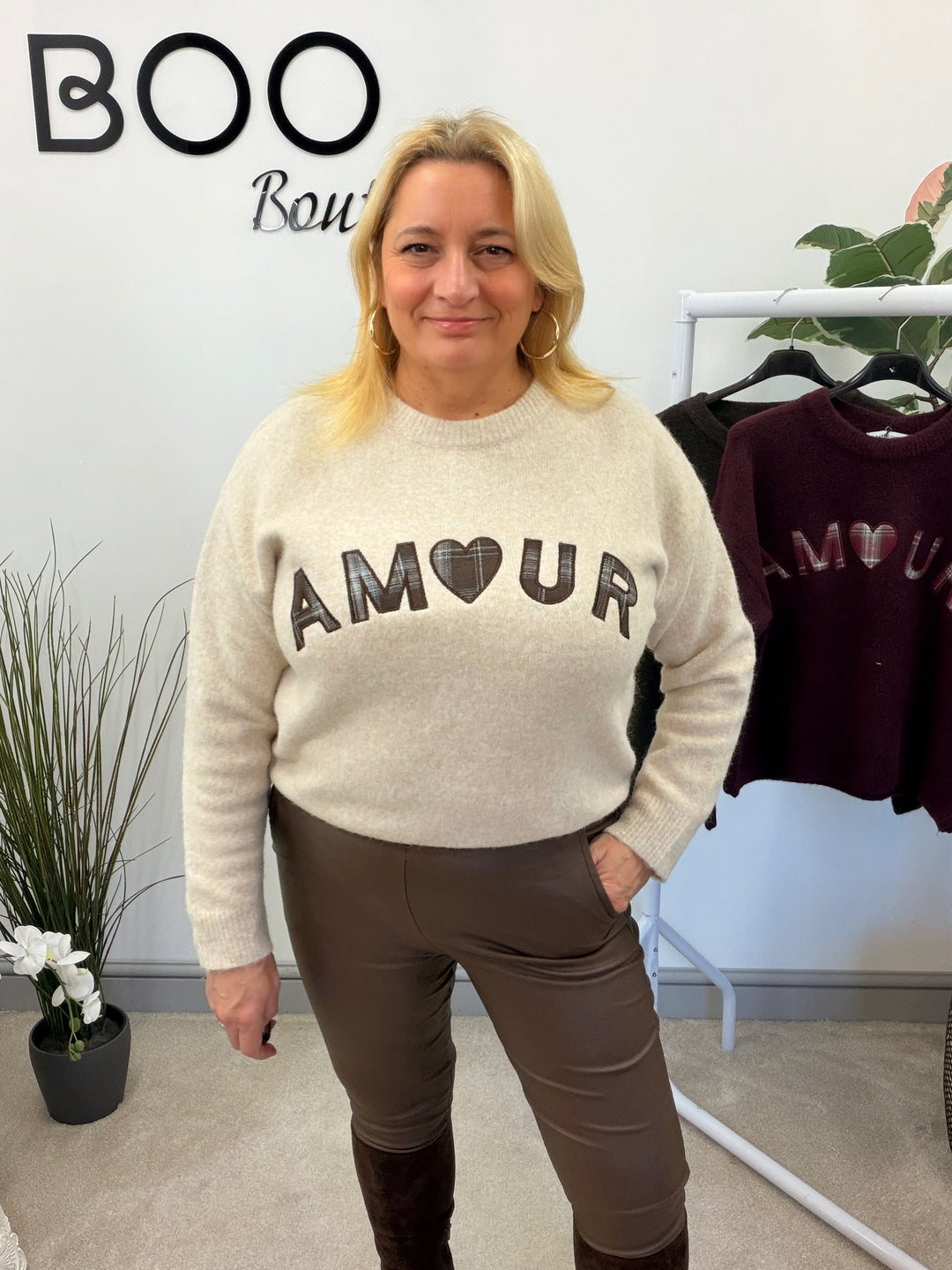 LADIES KNITTED AMOUR JUMPER - BEIGE, BROWN & BERRY