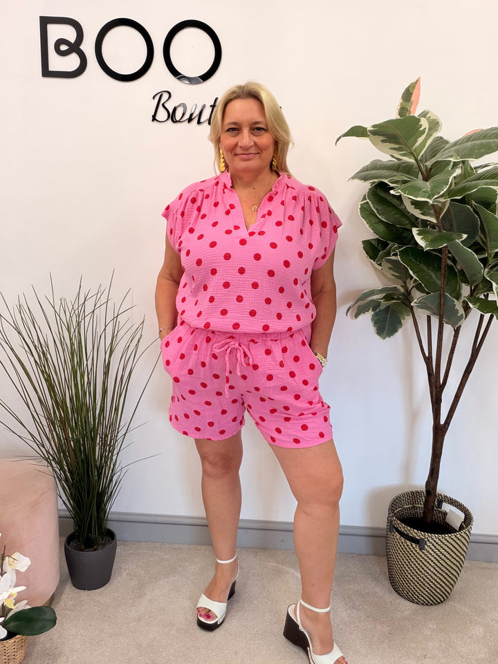 Ladies Fashion Polka Dot Shorts Co Ord Set - Blue, Navy, Pink
