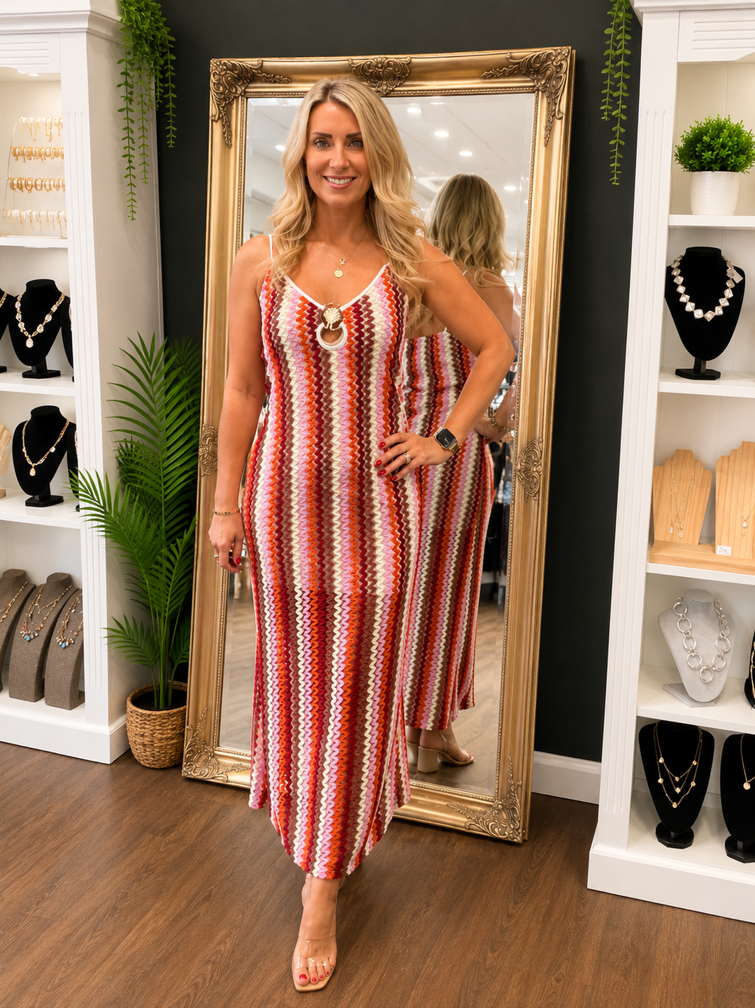Ladies Fashion Crochet Summer Maxi Dress - Red, Yellow, Orange & Green
