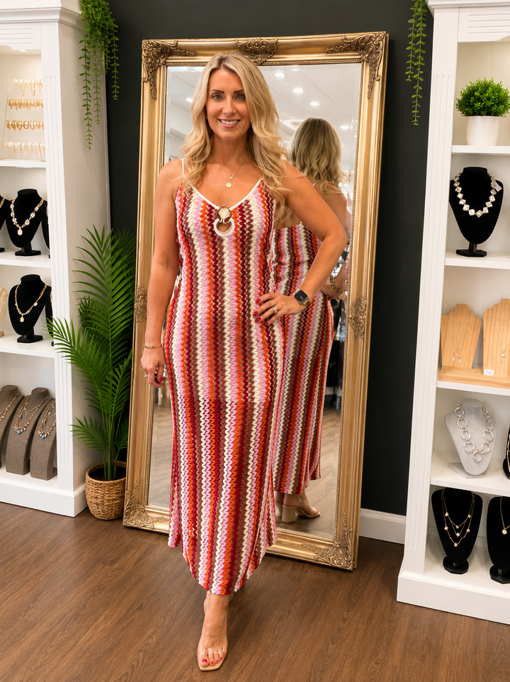 Ladies Fashion Crochet Summer Maxi Dress - Red, Yellow, Orange & Green