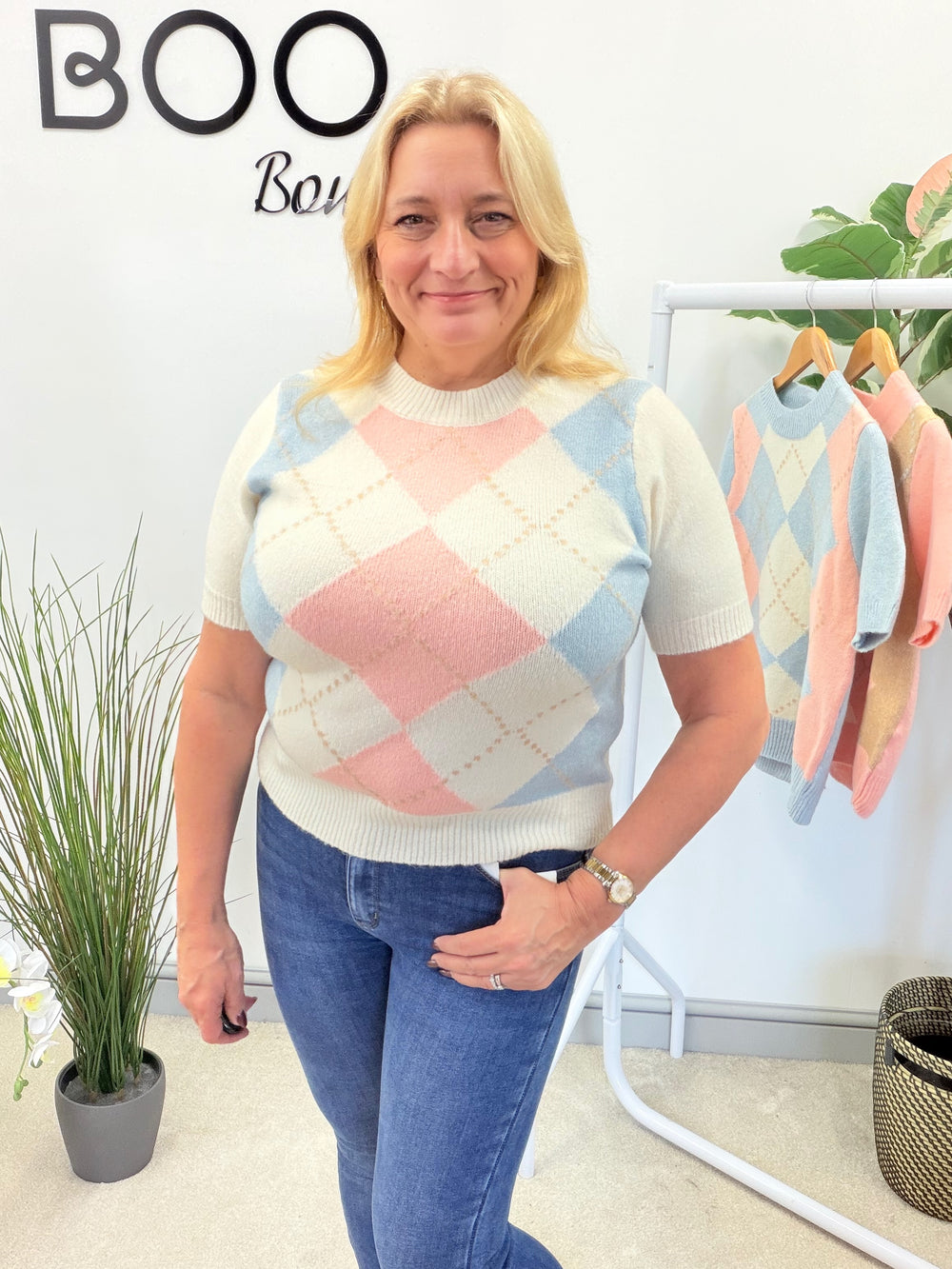 LADIES ARGYLE KNIT SHORT SLEEVE JUMPER - CREAM, BLUE, PINK