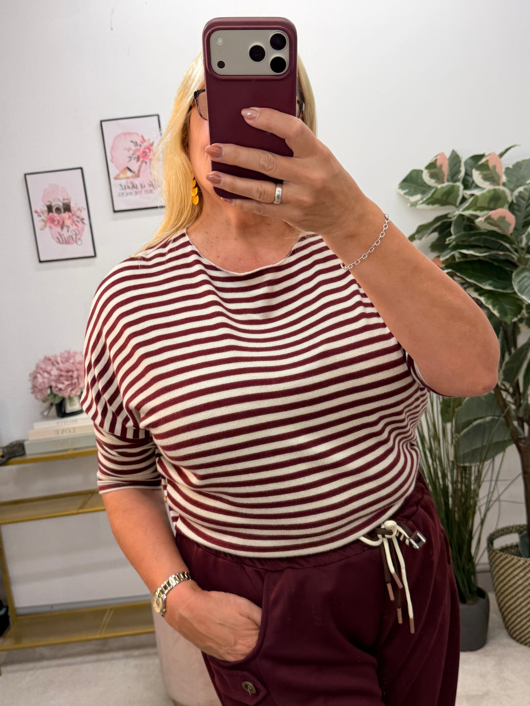 Ladies Fashion Soft Knit Stripe Top - Chocolate, Lime, Blue & Burgundy