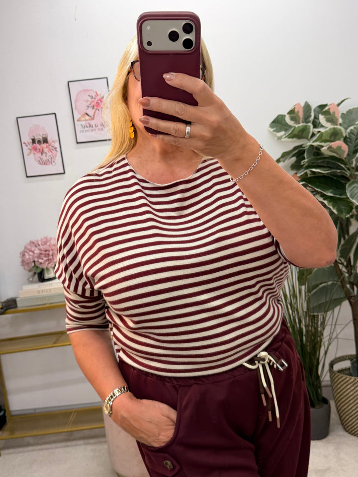 Ladies Fashion Soft Knit Stripe Top - Chocolate, Lime, Blue & Burgundy