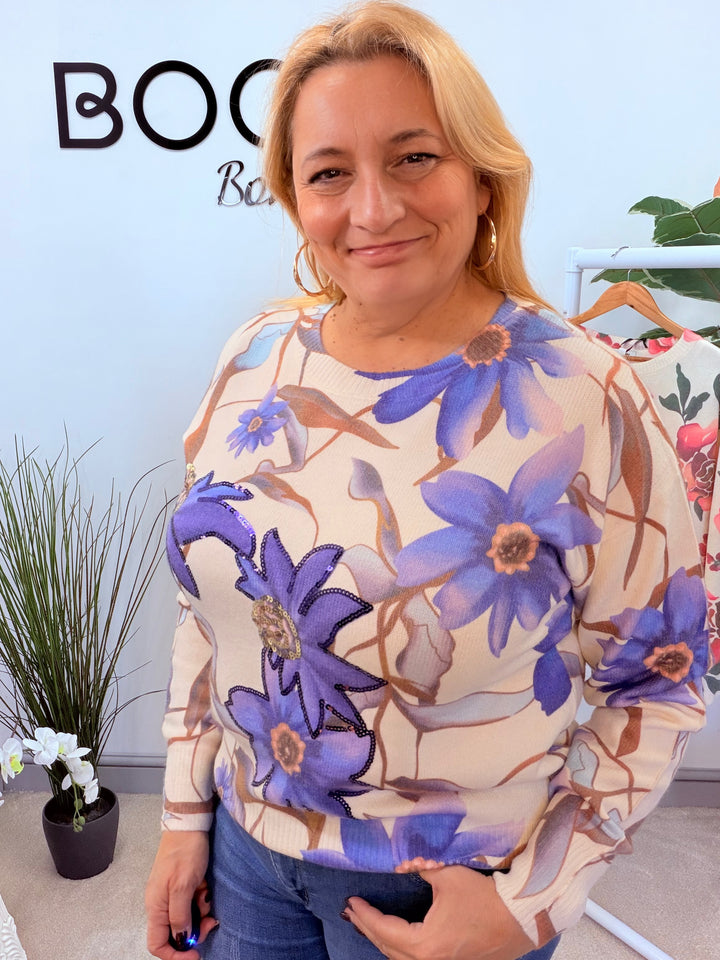 LADIES CREAM & PURPLE SEQUIN FLOWER JUMPER