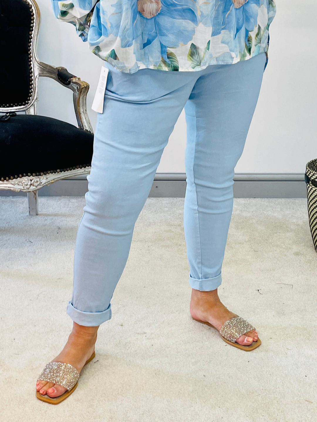 LADIES WOMENS PALE BLUE CRINKLE STRETCH CASUAL MAGIC TROUSERS