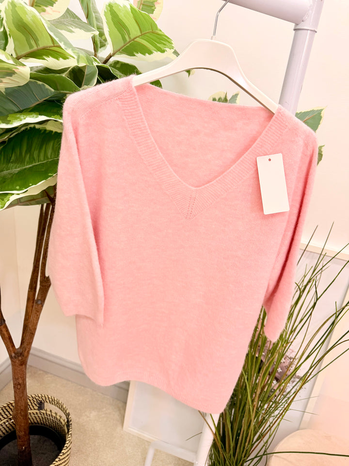 Ladies Fashion Soft Knit Short Sleeve Jumper Top pink