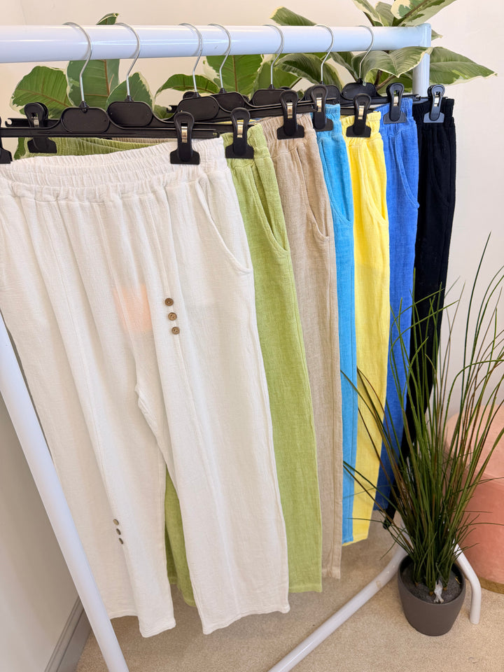 Ladies Tapered Leg Teabag Linen Ankle Grazer Trousers - Lemon, Black, Blue, Green, Beige, Turquoise & White