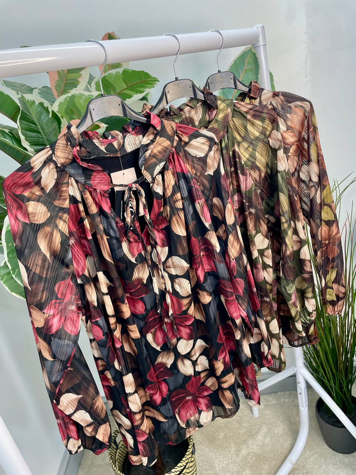 LADIES LEAF PRINT CHIFFON BLOUSE TOP - BROWN, BLACK & KHAKI