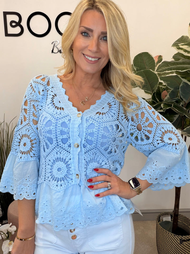 Ladies Broderie Anglaise & Lace Bolero Cardigan - White, Blue & Brown