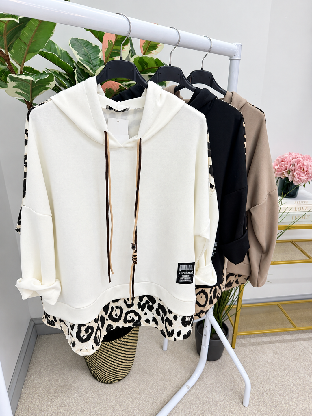 Women's leopard print casual sweat shirt hoody top - black, white & white