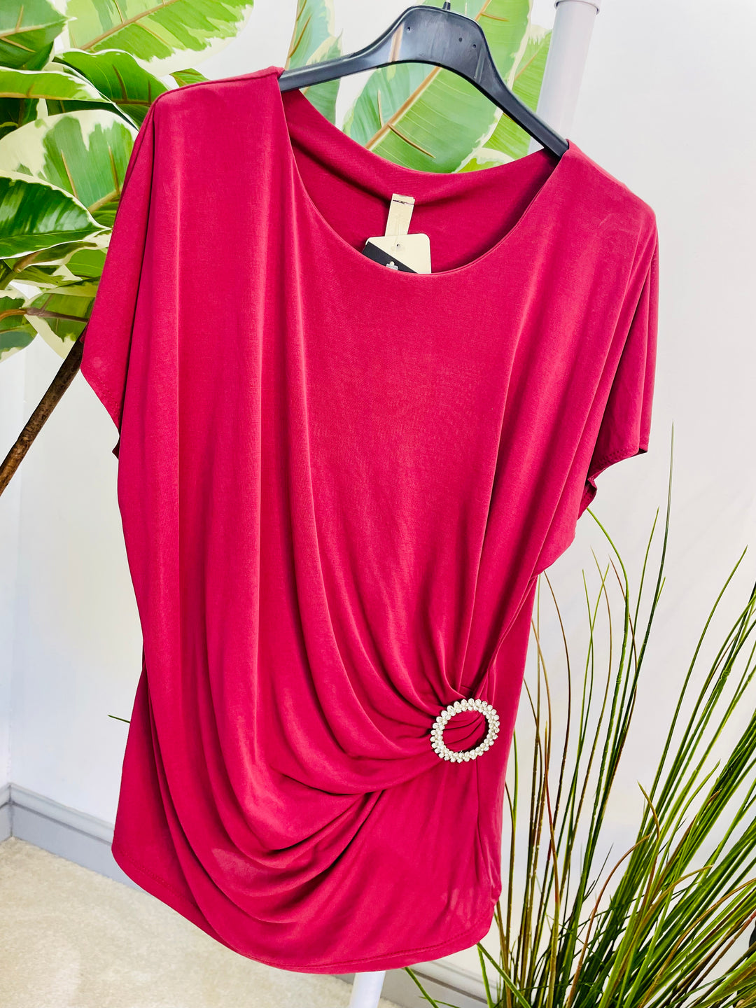 LADIES STRETCH RUCHE SIDE SHORT SLEEVE TOP - BURGUNDY, NAVY, BEIGE & BLACK