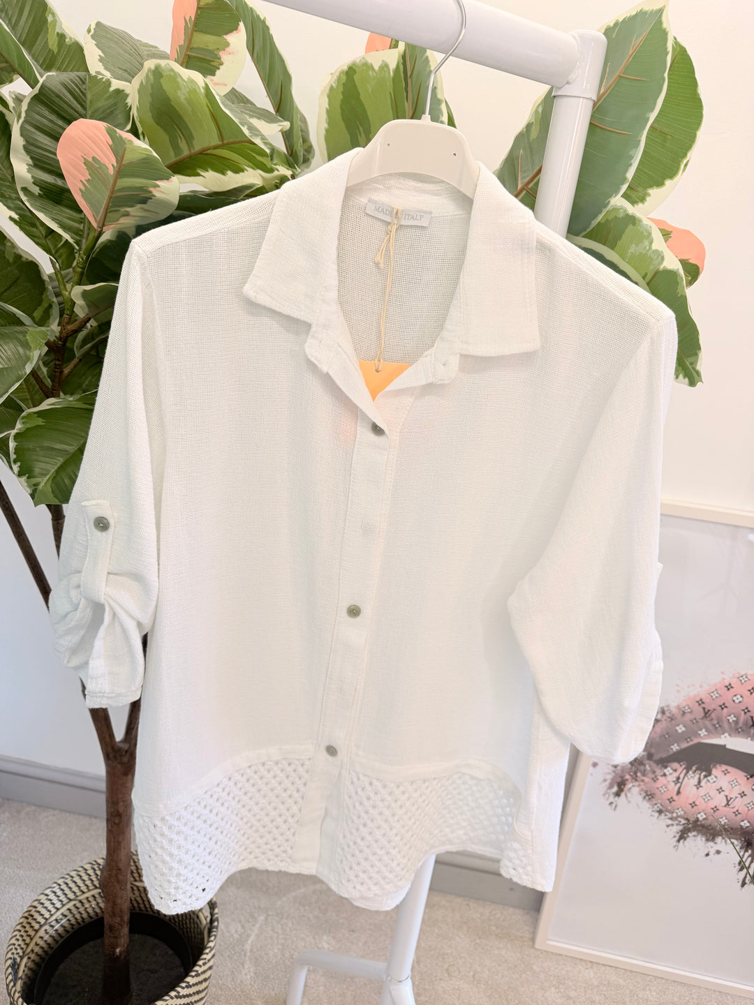 Ladies Teabag Linen Crochet Shirt Top white