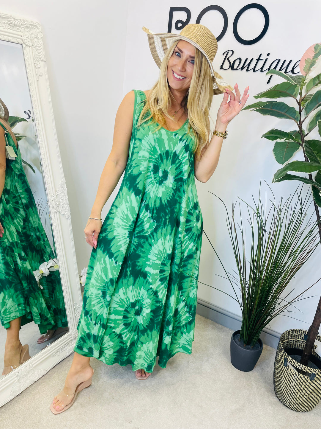 LADIES TIE DYE SUMMER MAXI DRESS - PINK, BLUE, GREEN, KHAKI, DENIM