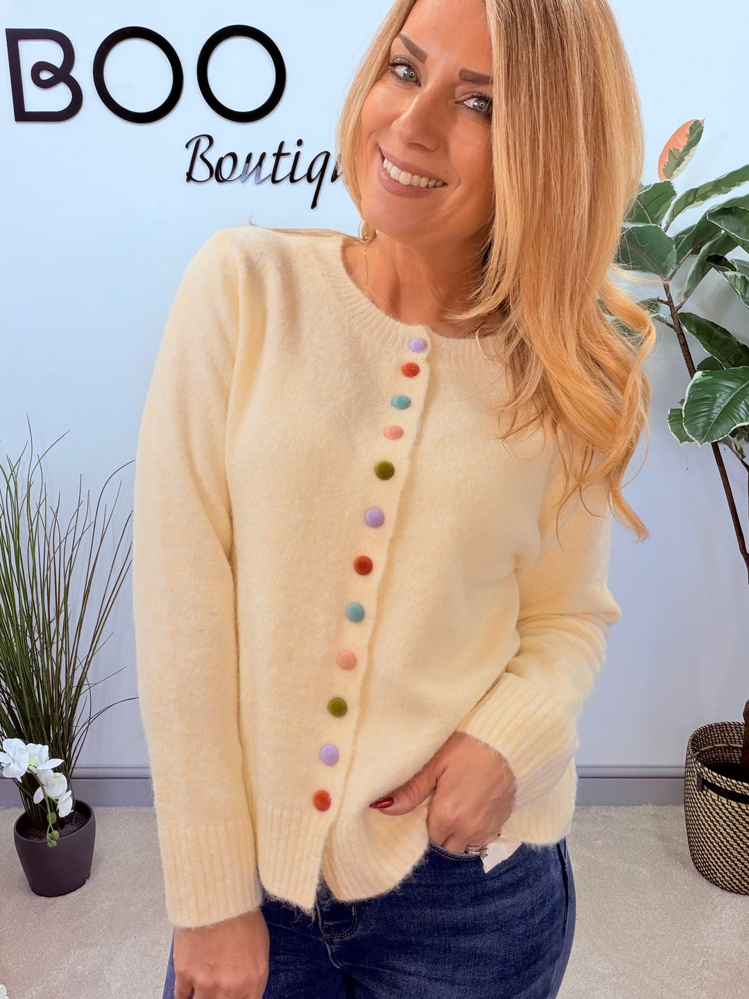 LADIES CREAM MULTI COLOURED BUTTON CARDIGAN TOP