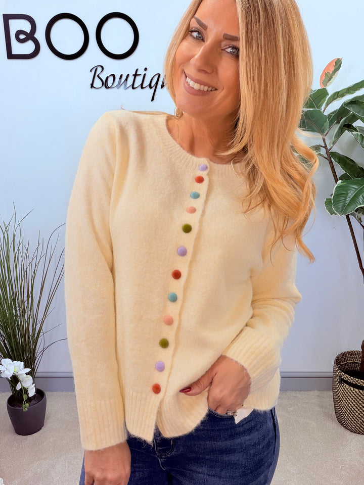 LADIES CREAM MULTI COLOURED BUTTON CARDIGAN TOP