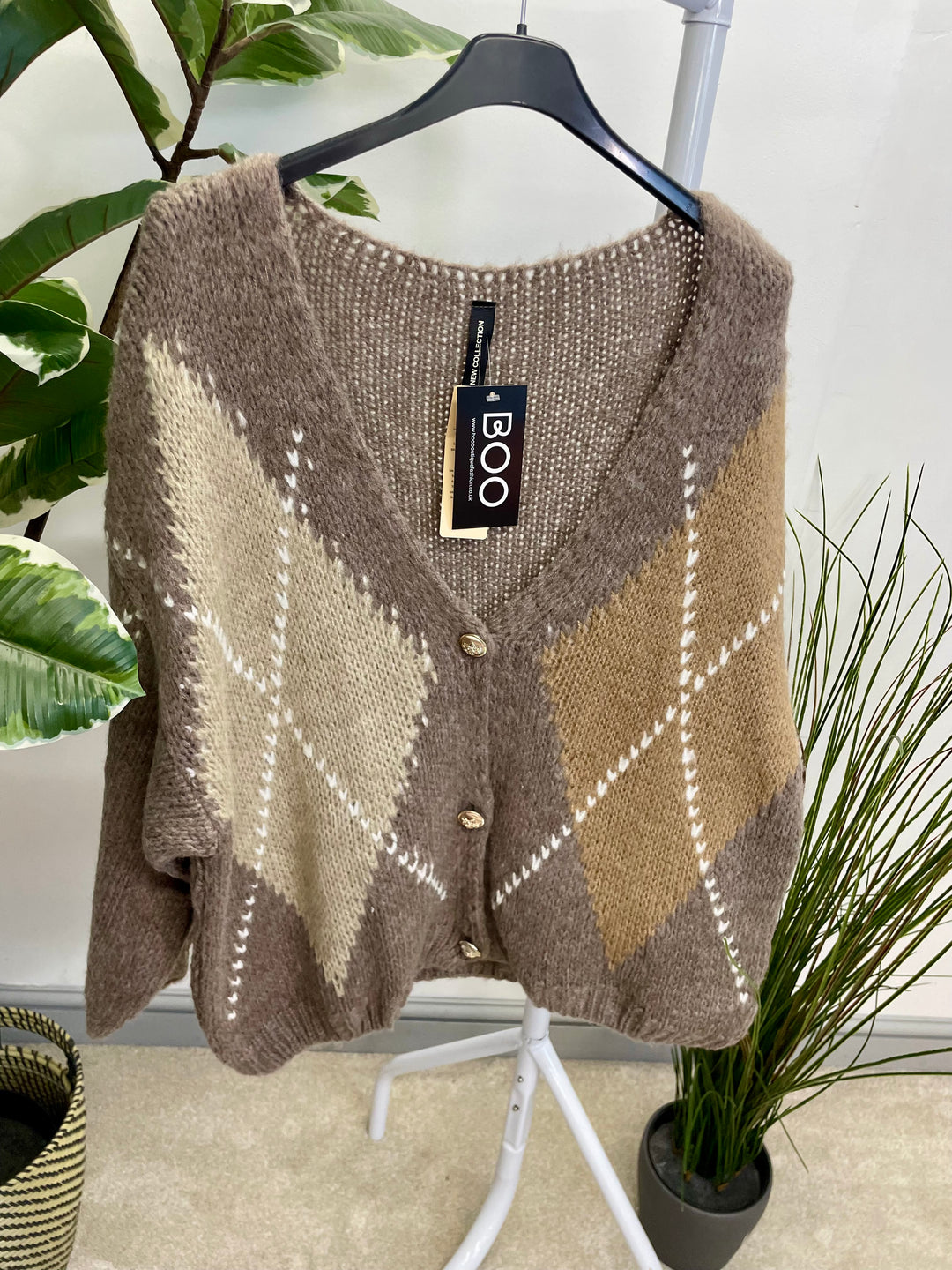 LADIES ARGYLE KNIT OVERSIZE CARDIGAN - BERRY, BEIGE, BROWN, MOCHA