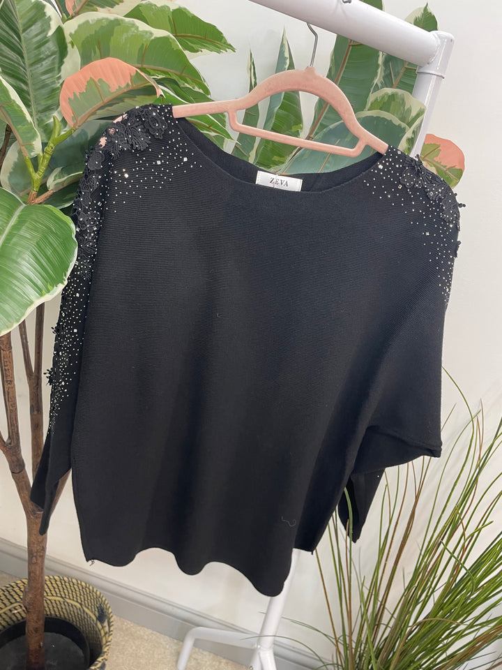 LADIES DIAMANTE SLEEVE BATWING JUMPER BLACK