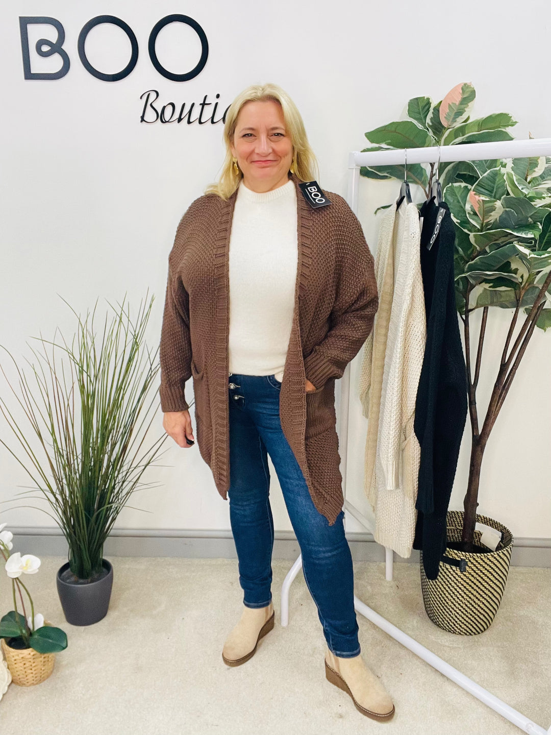 LADIES WAFFLE KNIT LONG LINE CARDIGAN - BLACK, BROWN & BEIGE