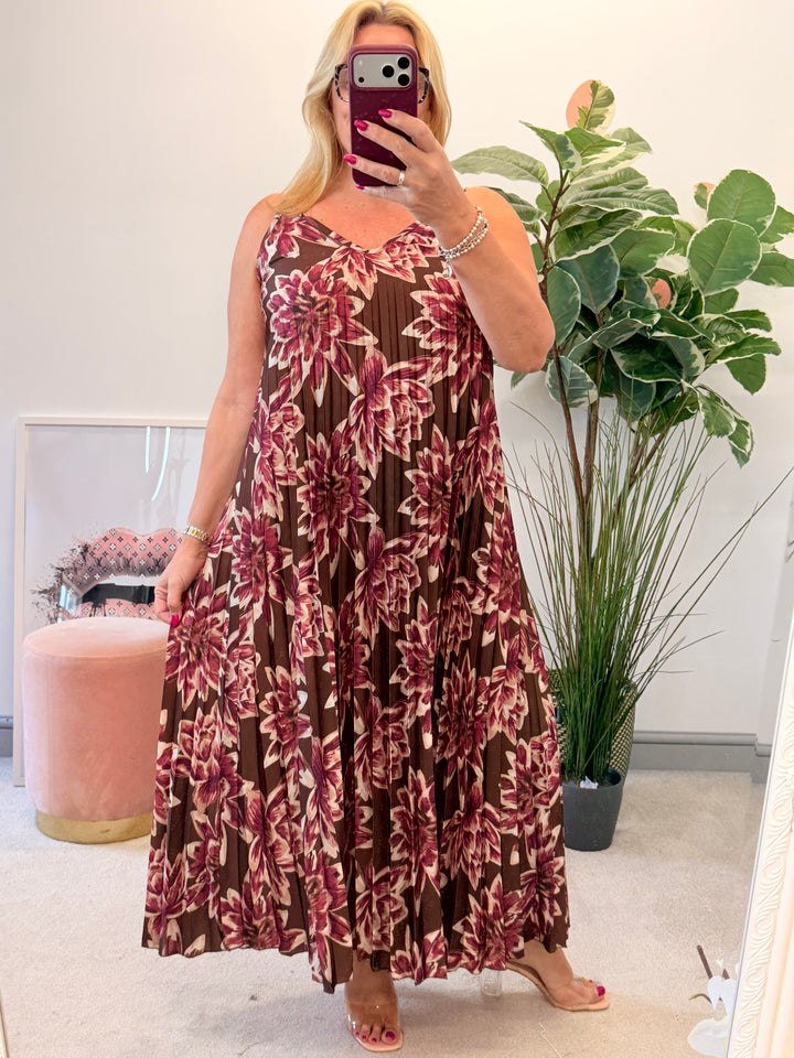 Ladies Pleated Satin Summer Maxi Dress - Brown, Khaki & Blue