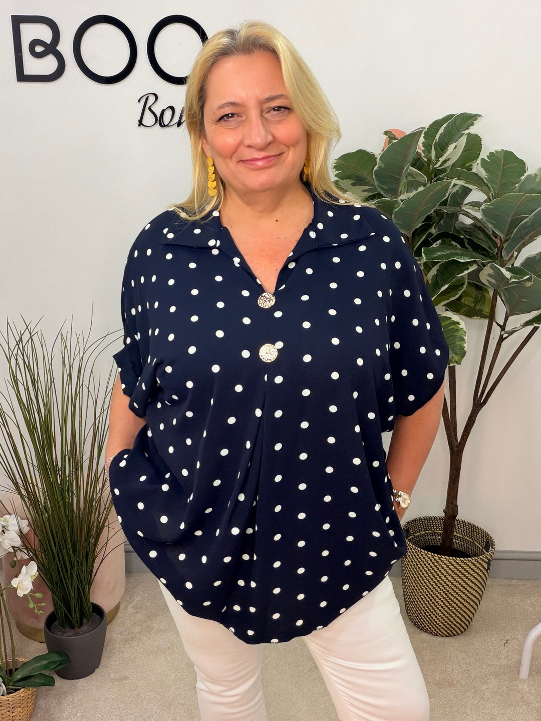 Ladies Curve Polka Dot Loose Fit Top - Navy & White 