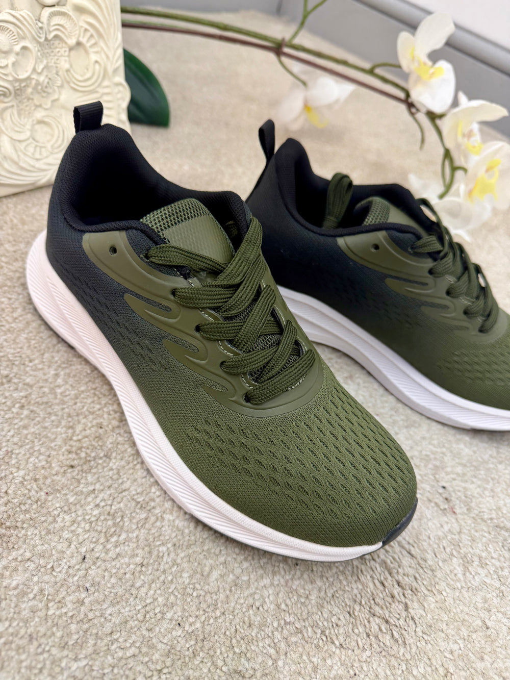 KHAKI & BLACK FABRIC COMFORT TRAINERS SHOES