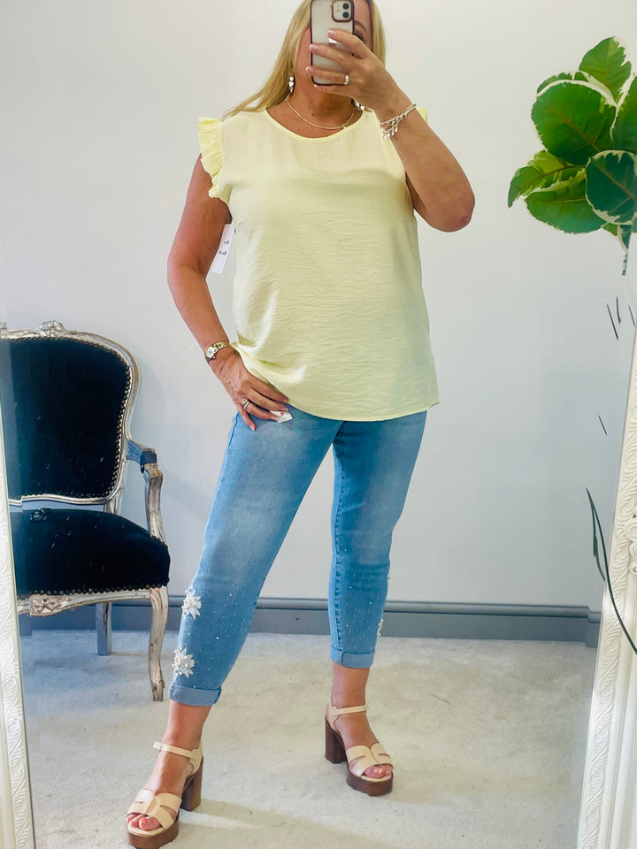 LADIES WOMENS LEMON YELLOW CASUAL CAP SLEEVE TOP 