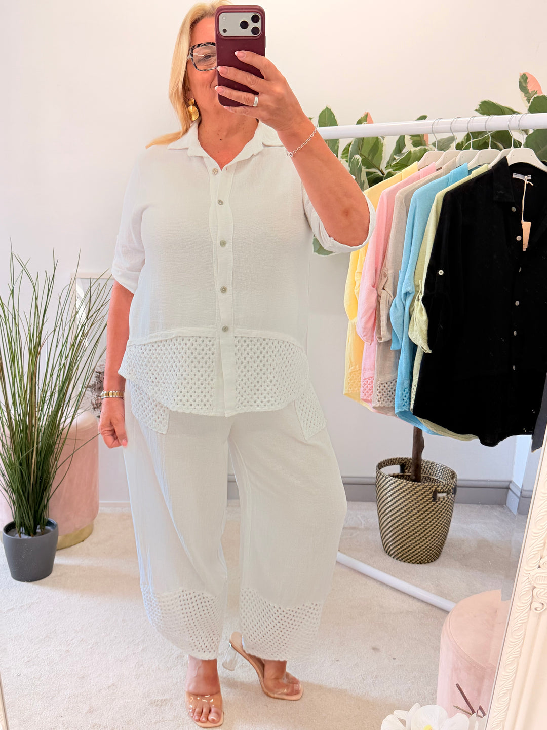 Ladies Teabag Linen Crochet Shirt Top white