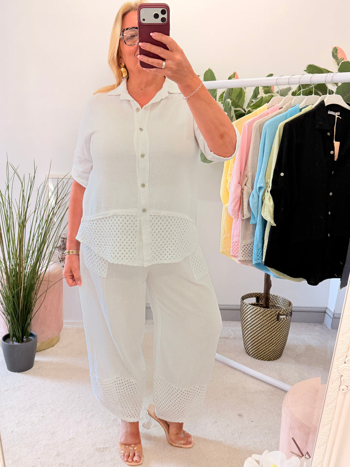 Ladies Teabag Linen Crochet Shirt Top white