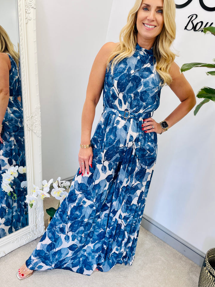 LADIES CHIFFON PLEATED HIGH NECK JUMPSUIT - BLUE, NAVY, PINK, YELLOW