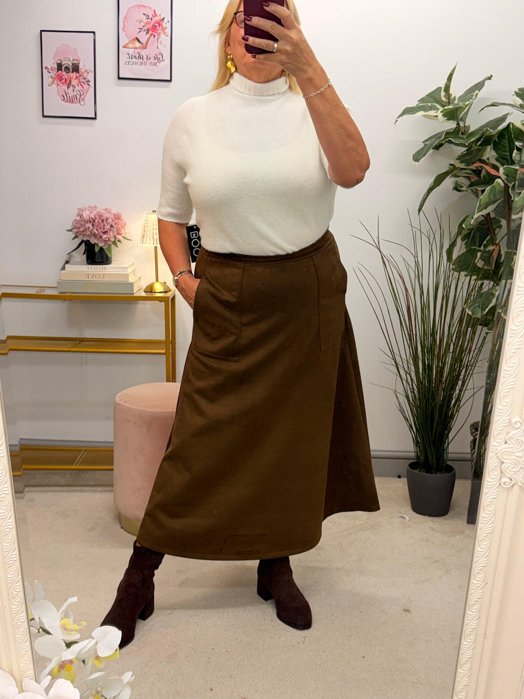Womens fashion faux suede A line maxi skirt - black, camel & brown