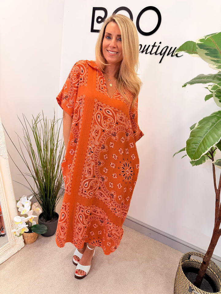 Ladies Cheesecloth Bandana Print Shift Summer Dress - Pink, White, Navy, Lemon & Orange