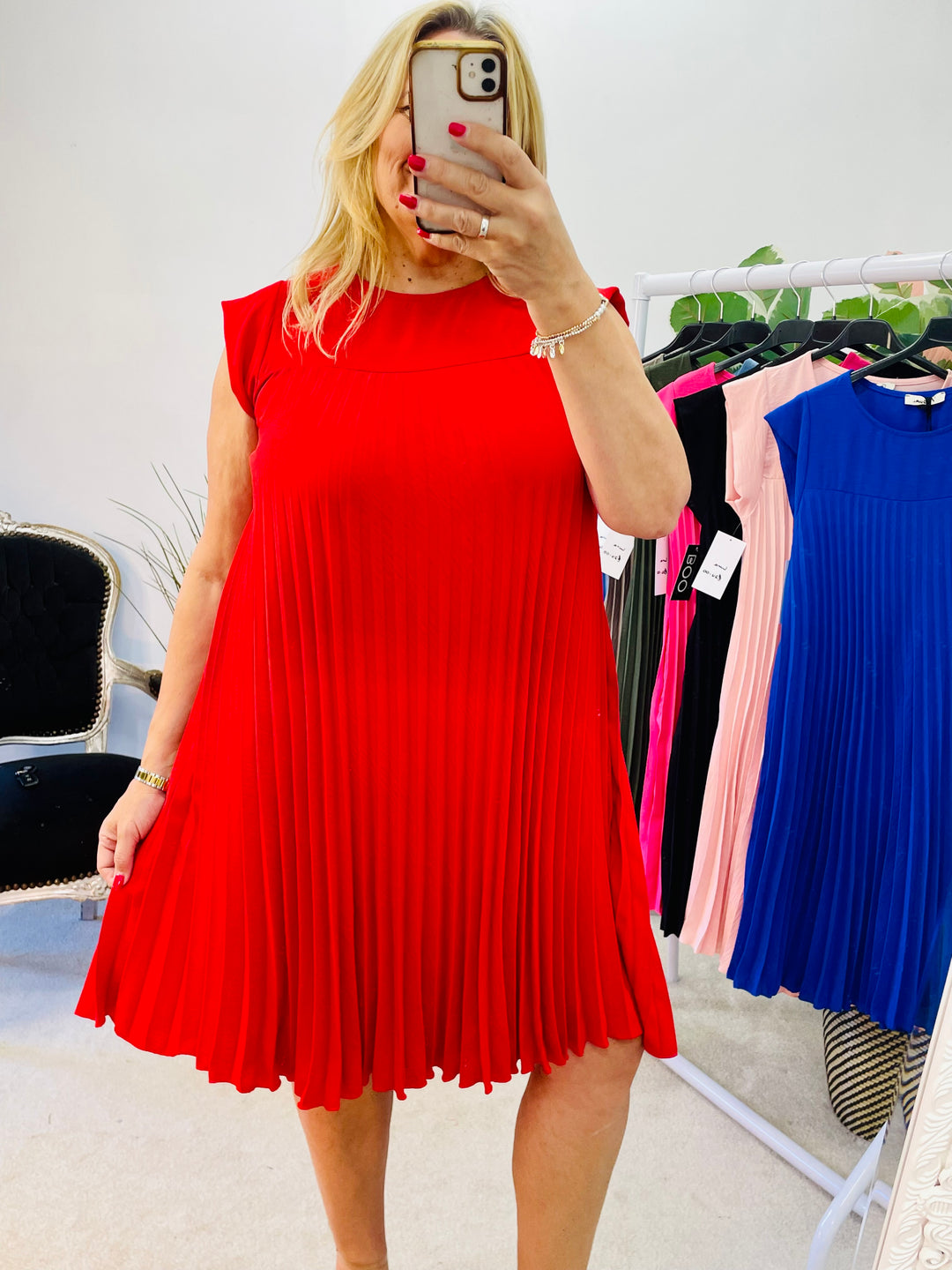 LADIES PLEATED SUMMER MIDI DAY DRESS - pink, black, red, pale blue, royal blue, khaki, fuschia pink, mocha