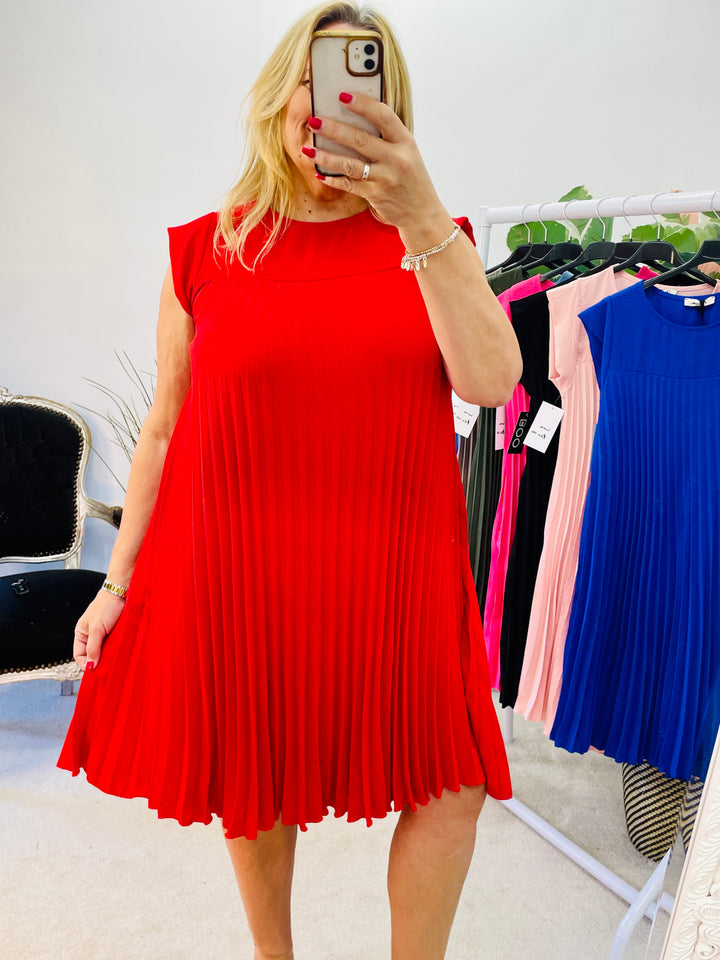 LADIES PLEATED SUMMER MIDI DAY DRESS - pink, black, red, pale blue, royal blue, khaki, fuschia pink, mocha