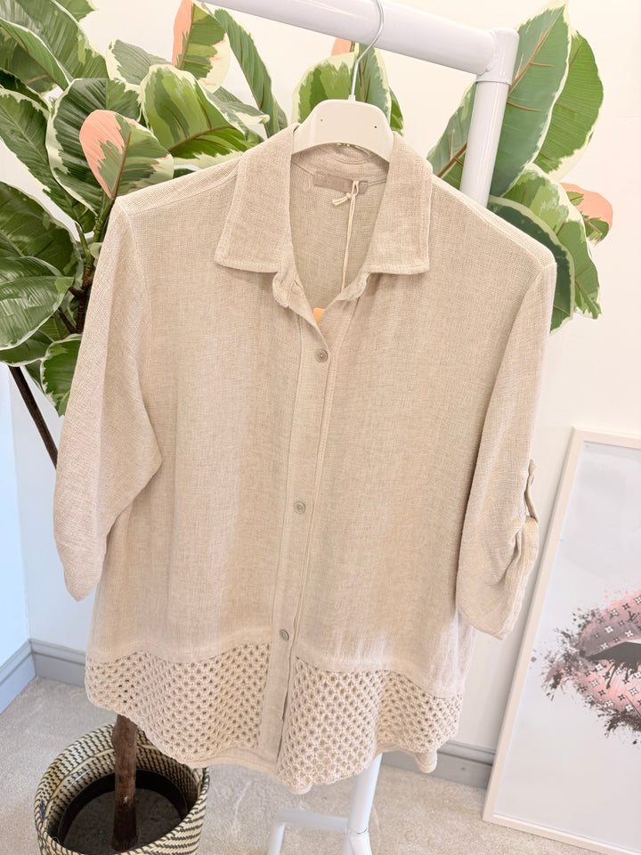 Ladies Teabag Linen Crochet Shirt Top beige