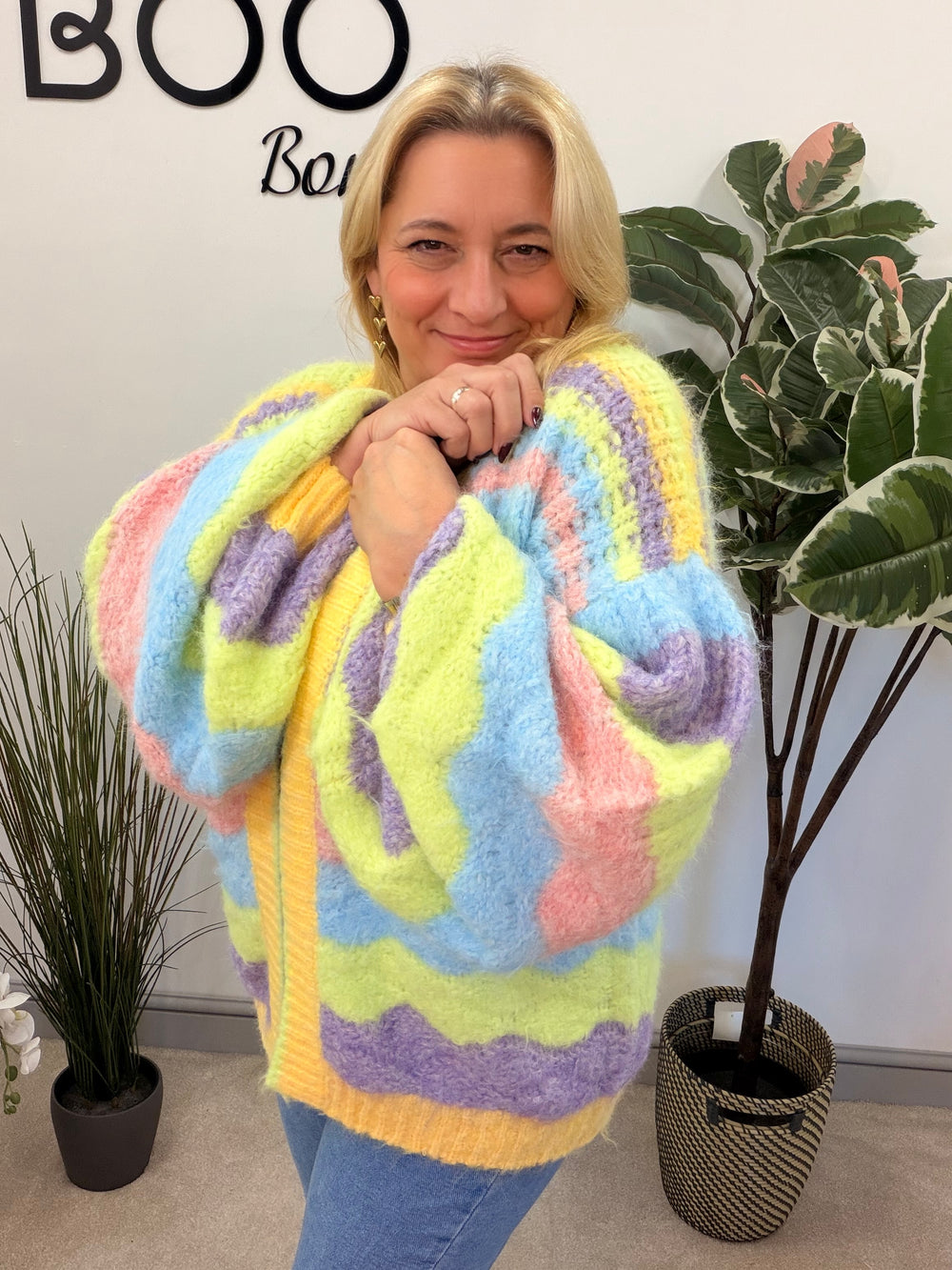 LADIES RAINBOW PASTEL STRIPE CHUNKY KNIT OVERSIZE CARDIGAN