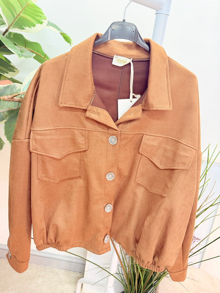 Ladies Fashion Faux Suede Bomber Jacket - camel, brown & lime