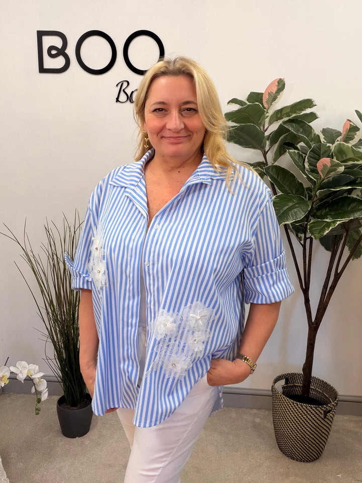 LADIES FASHION STRIPE COTTON SHIRT - YELLOW, BEIGE & BLUE