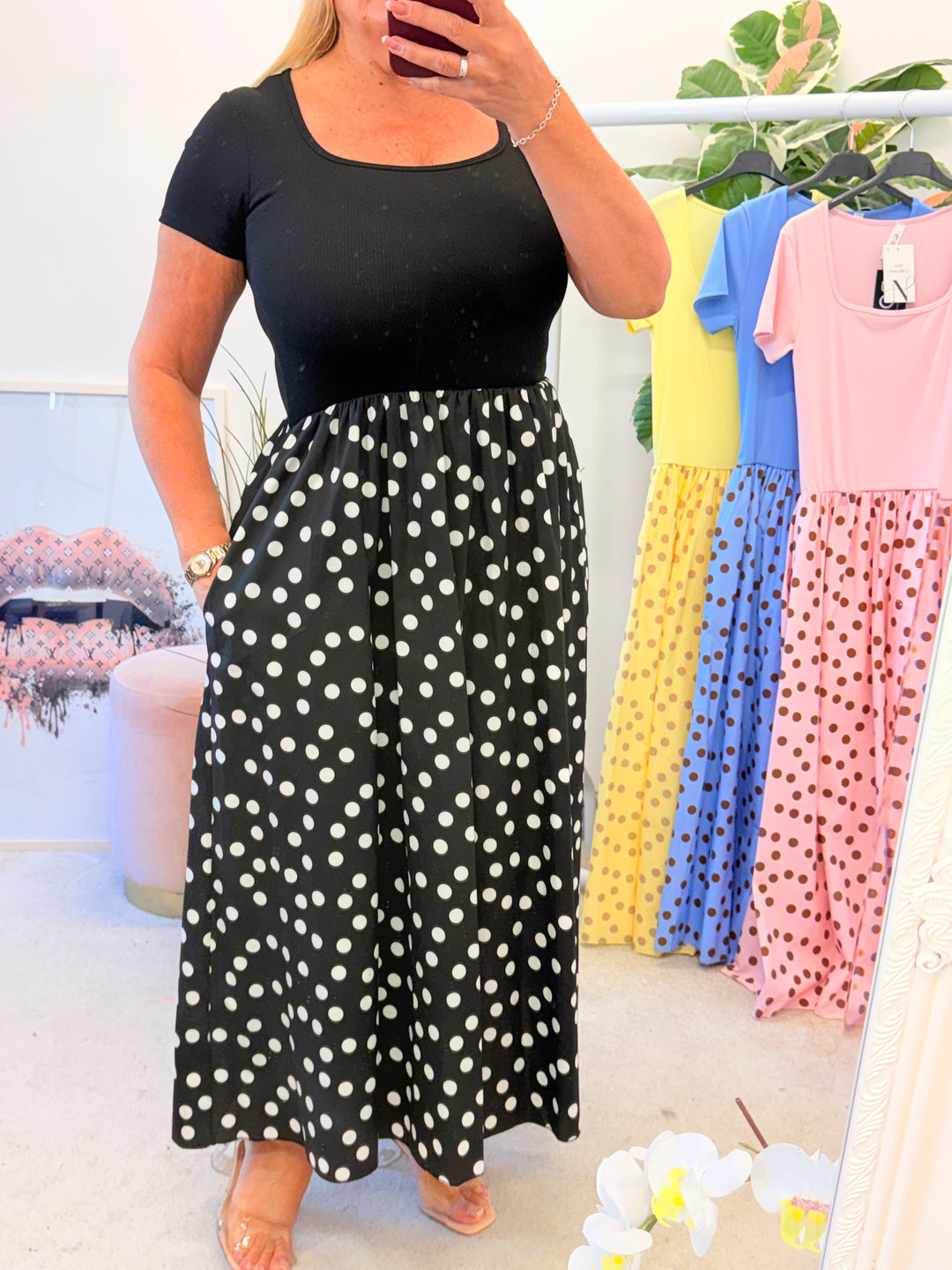 Ladies Fashion T Shirt Polka Dot Midi Dress - Blue, Pink, Black & Lemon