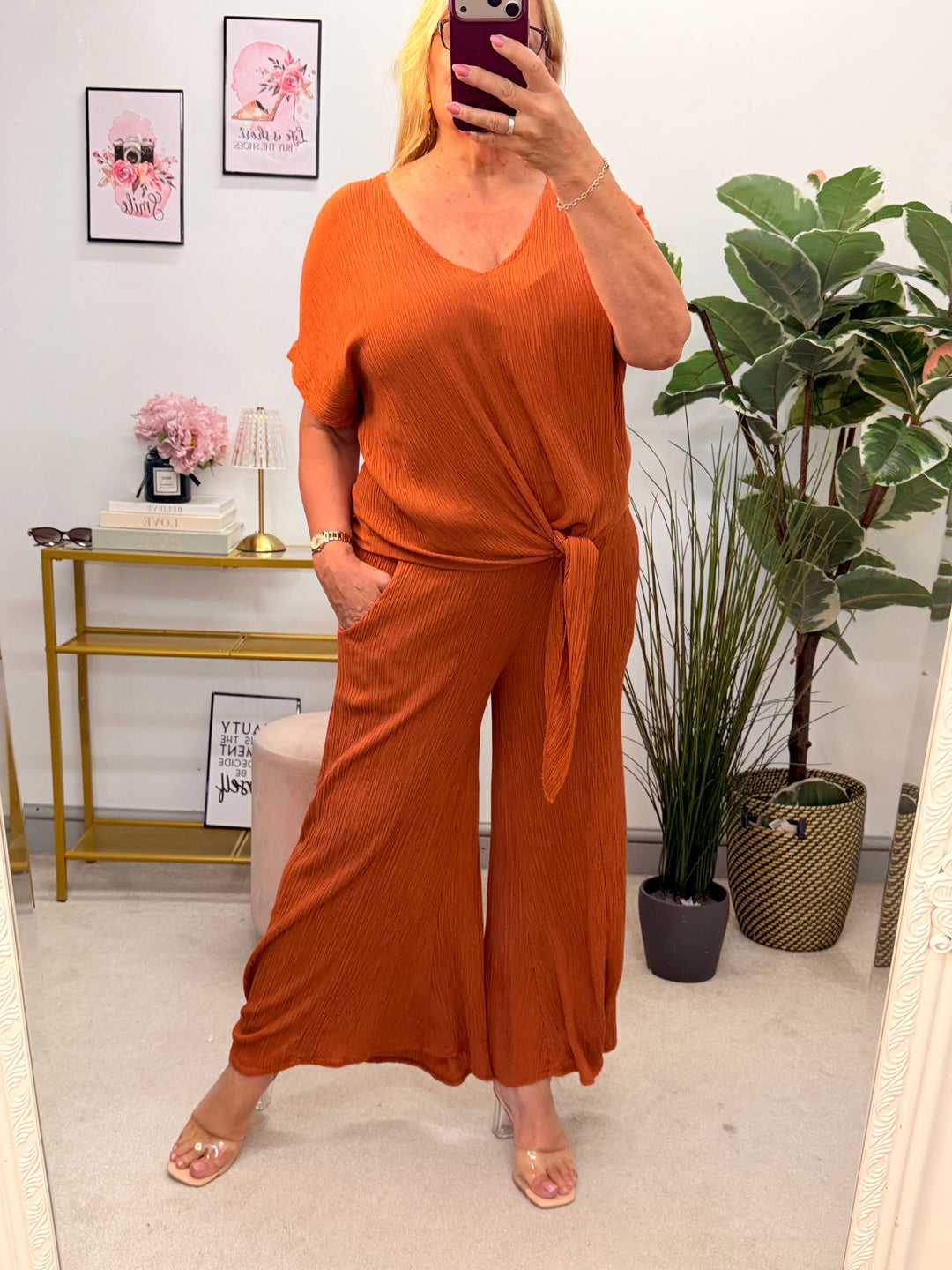 Ladies Fashion Wide Leg Trouser Co Ord Set - Rust, Black, Khaki & Brown