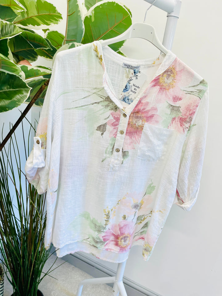 LADIES LIGHT LINEN FLORAL SUMMER TOP - PINK, WHITE, KHAKI, NAVY, YELLOW