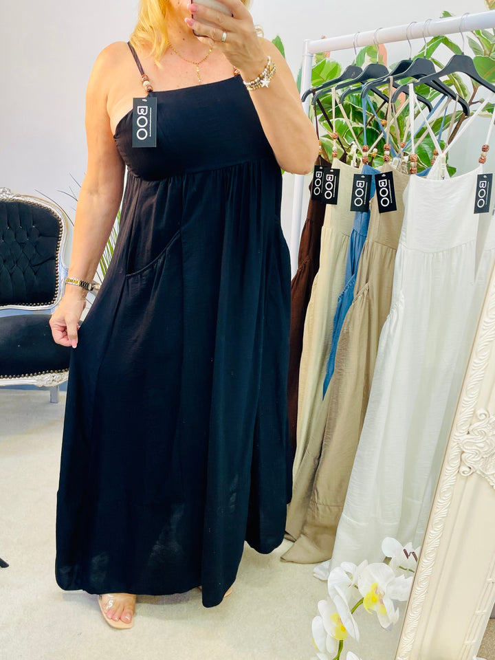 LADIES SUMMER HOLIDAY MAXI DRESS - DENIM BLUE, WHITE, BROWN, BEIGE & BLACK